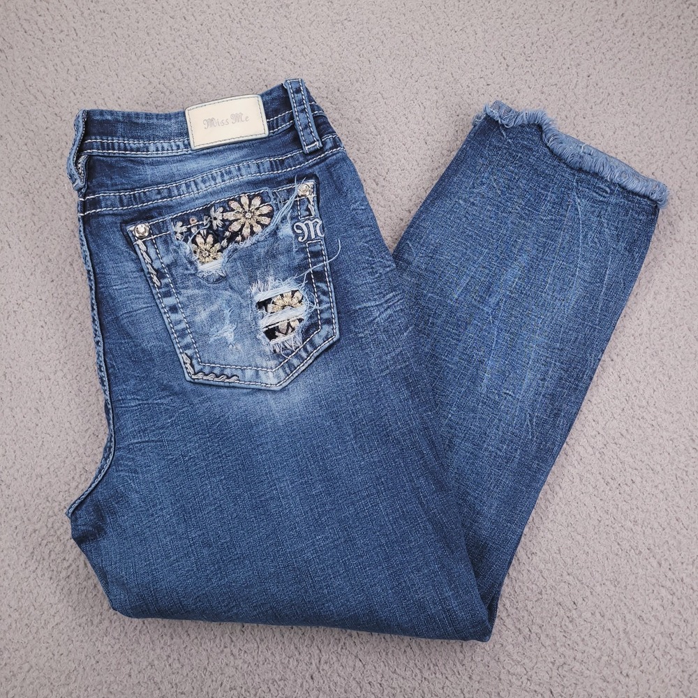 MISS ME Jeans Size 34 Ankle Skinny Curvy Floral Embellished Pocket 34x26